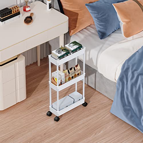 Sooyee 3 Tier Rolling Cart with Wheels,Slim Storage Cart,Narrow Storage Cabinet,Under Desk Storage,Rolling Utility Cart Storage Organizer for Office Bathroom Kitchen Laundry Room Narrow Places, White