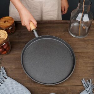 uncoated pizza pan cast iron round griddle healthy thickened 10.24-inch pre-seasoned griddle pan for gass stove with wooden helper handle pizza, steak, grill, pancakes