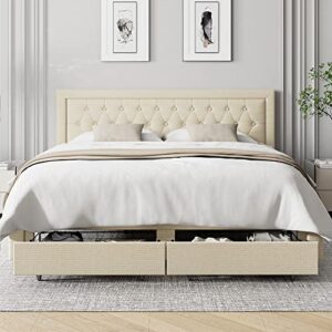 queen bed frame with 2 storage drawers, fabric upholstered platform bed frame with deep-set pattern button tufted headboard, sturdy wood slats support mattress foundation, no box spring needed, beige