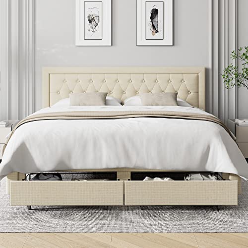 Queen Bed Frame with 2 Storage Drawers, Fabric Upholstered Platform Bed Frame with Deep-set Pattern Button Tufted Headboard, Sturdy Wood Slats Support Mattress Foundation, No Box Spring Needed, Beige