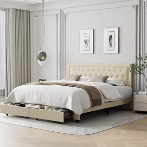 Queen Bed Frame with 2 Storage Drawers, Fabric Upholstered Platform Bed Frame with Deep-set Pattern Button Tufted Headboard, Sturdy Wood Slats Support Mattress Foundation, No Box Spring Needed, Beige