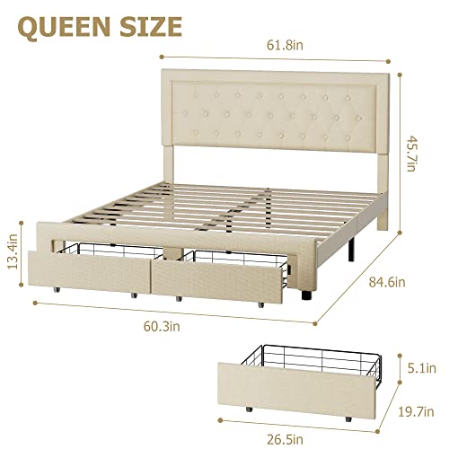 Queen Bed Frame with 2 Storage Drawers, Fabric Upholstered Platform Bed Frame with Deep-set Pattern Button Tufted Headboard, Sturdy Wood Slats Support Mattress Foundation, No Box Spring Needed, Beige