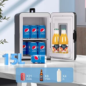 15 Liter/21 Cans Mini Fridge, 110V AC/12V DC Skincare Fridge for Bedroom, Portable Thermoelectric Cooler and Warmer Small Refrigerator for Makeup, Food, Drinks, Office and Car, Transparent Window