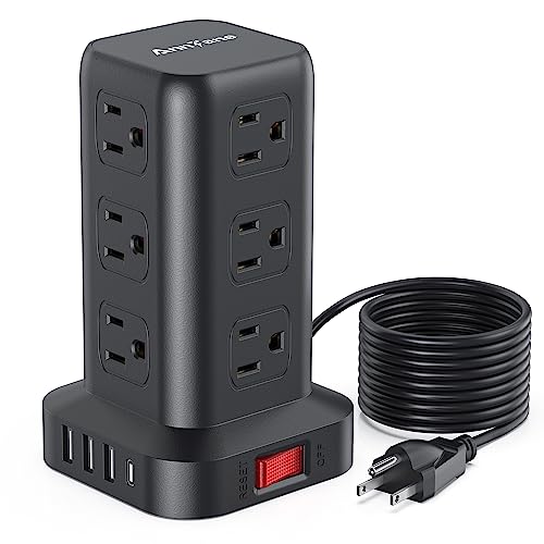 AnnTane Surge Protector Power Strip 10 FT Cord, Power Strip Tower with 4 USB Ports (1USB C), Extension Cord with 12 AC Multiple Outlets, Home Office Supplies Desk Accessories, Dorm Room Essentials