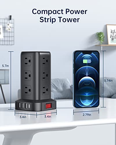 AnnTane Surge Protector Power Strip 10 FT Cord, Power Strip Tower with 4 USB Ports (1USB C), Extension Cord with 12 AC Multiple Outlets, Home Office Supplies Desk Accessories, Dorm Room Essentials