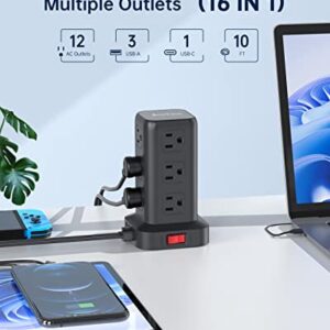 AnnTane Surge Protector Power Strip 10 FT Cord, Power Strip Tower with 4 USB Ports (1USB C), Extension Cord with 12 AC Multiple Outlets, Home Office Supplies Desk Accessories, Dorm Room Essentials