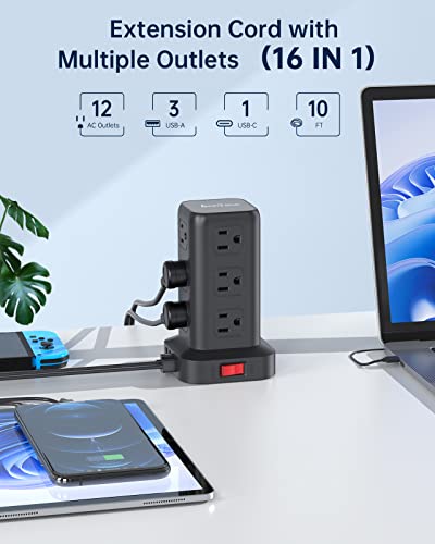 AnnTane Surge Protector Power Strip 10 FT Cord, Power Strip Tower with 4 USB Ports (1USB C), Extension Cord with 12 AC Multiple Outlets, Home Office Supplies Desk Accessories, Dorm Room Essentials