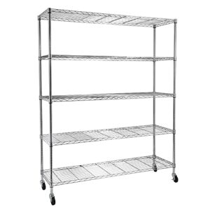wei wei global 5-tier heavy duty shelving unit - wire shelving with wheels - metal organizer wire rack - bakers rack - garage storage shelves organization - standing shelves pantry kitchen - chrome