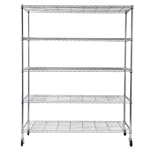 WEI WEI GLOBAL 5-Tier Heavy Duty Shelving Unit - Wire Shelving with Wheels - Metal Organizer Wire Rack - Bakers Rack - Garage Storage Shelves Organization - Standing Shelves Pantry Kitchen - Chrome