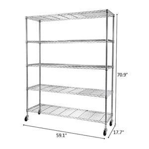 WEI WEI GLOBAL 5-Tier Heavy Duty Shelving Unit - Wire Shelving with Wheels - Metal Organizer Wire Rack - Bakers Rack - Garage Storage Shelves Organization - Standing Shelves Pantry Kitchen - Chrome