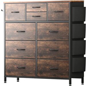 himusi dresser for bedroom with 10 drawers, fabric storage tower with side pockets, tall chest of drawers for nursery, hallway, closets (rustic brown)