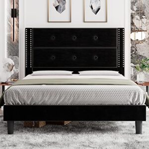 ipormis queen size platform bed frame, velvet upholstered bed frame with button tufted & nailhead headboard, wooden slats support, no box spring needed, noise-free, black