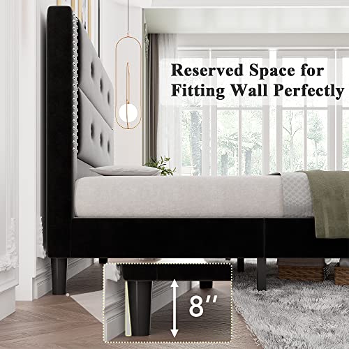 iPormis Queen Size Platform Bed Frame, Velvet Upholstered Bed Frame with Button Tufted & Nailhead Headboard, Wooden Slats Support, No Box Spring Needed, Noise-Free, Black