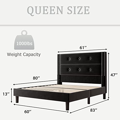 iPormis Queen Size Platform Bed Frame, Velvet Upholstered Bed Frame with Button Tufted & Nailhead Headboard, Wooden Slats Support, No Box Spring Needed, Noise-Free, Black