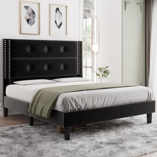 iPormis Queen Size Platform Bed Frame, Velvet Upholstered Bed Frame with Button Tufted & Nailhead Headboard, Wooden Slats Support, No Box Spring Needed, Noise-Free, Black