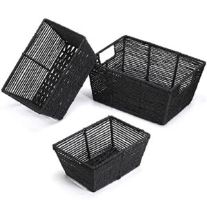 vagusicc wicker baskets, round paper rope black baskets for storage, rectangular woven baskets for organizing & decor, black, 3-pack