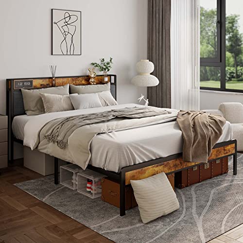 Gizoon Queen Bed Frame with Storage Headboard, Metal Platform Bed Frame Strong Steel Slats Support Mattress Foundation, Large Under Storage, No Noise (Dark Grey)