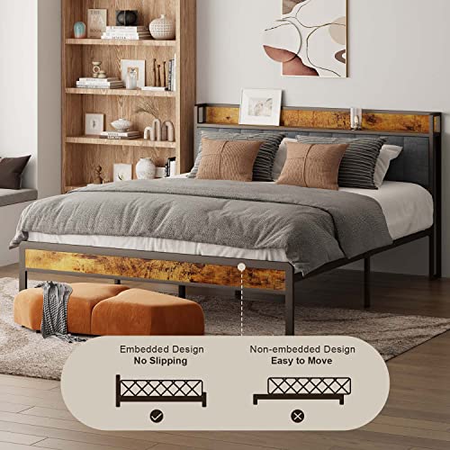 Gizoon Queen Bed Frame with Storage Headboard, Metal Platform Bed Frame Strong Steel Slats Support Mattress Foundation, Large Under Storage, No Noise (Dark Grey)