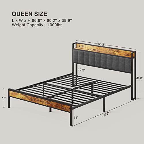 Gizoon Queen Bed Frame with Storage Headboard, Metal Platform Bed Frame Strong Steel Slats Support Mattress Foundation, Large Under Storage, No Noise (Dark Grey)