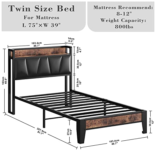 LIKIMIO Twin Bed Frame, Storage Headboard with Charging Station, Solid and Stable, Noise Free, No Box Spring Needed, Easy Assembly (Vintage and Black)