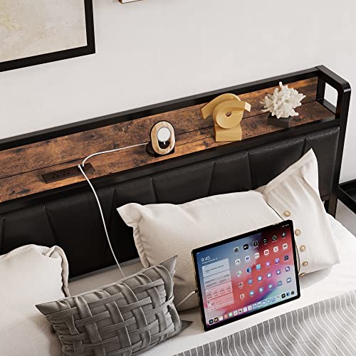 LIKIMIO Twin Bed Frame, Storage Headboard with Charging Station, Solid and Stable, Noise Free, No Box Spring Needed, Easy Assembly (Vintage and Black)