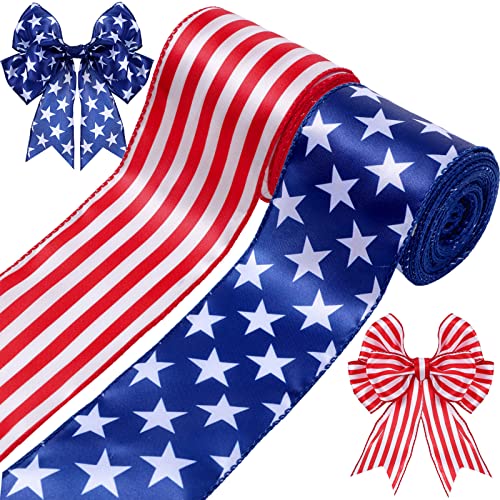 2 Rolls 20 Yard Red White and Blue Ribbon Patriotic Star and Striped Wired Ribbon Royal Blue USA Ribbon DIY Crafts for 4th of July, Independence Day, Memorial Day (Red, White, Blue, 2.5 Inch)