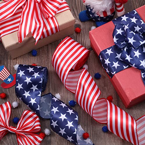 2 Rolls 20 Yard Red White and Blue Ribbon Patriotic Star and Striped Wired Ribbon Royal Blue USA Ribbon DIY Crafts for 4th of July, Independence Day, Memorial Day (Red, White, Blue, 2.5 Inch)