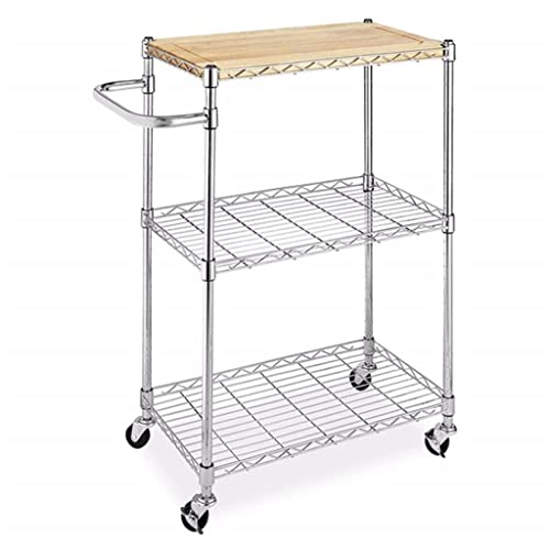 LIRUXUN 3 Tier Kitchen & Microwave Trolley 60x35x85CM Storage Rack Wood & Chrome Utility Storage Trolley