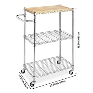 LIRUXUN 3 Tier Kitchen & Microwave Trolley 60x35x85CM Storage Rack Wood & Chrome Utility Storage Trolley