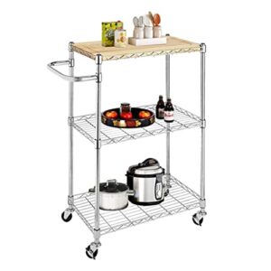 LIRUXUN 3 Tier Kitchen & Microwave Trolley 60x35x85CM Storage Rack Wood & Chrome Utility Storage Trolley