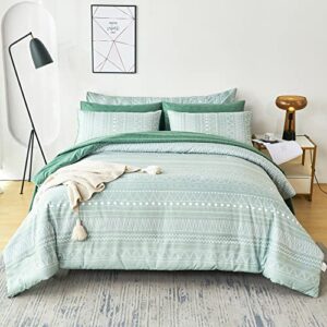 rynghipy striped boho bed comforter set king size sage green, 8pcs geometric bohemian bed in a bag down alternative comforter bedding set (sage green,king size)