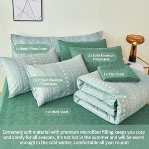 RYNGHIPY Striped Boho Bed Comforter Set King Size Sage Green, 8Pcs Geometric Bohemian Bed in a Bag Down Alternative Comforter Bedding Set (Sage Green,King Size)