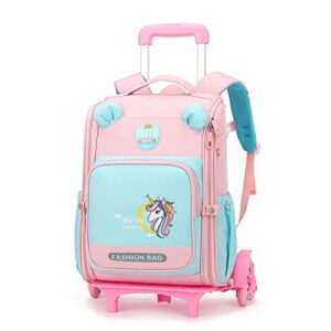 gloomall cute rolling backpack school girls boys, lightweight trolley travel bag with 6 wheels classic roller luggage (pink unicorn)