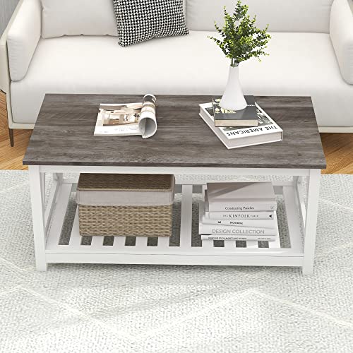 UYIHOME Farmhouse Coffee Table and End Table Set, Oak Grey Wooden Living Room Furniture with Slats Base, Oak Grey