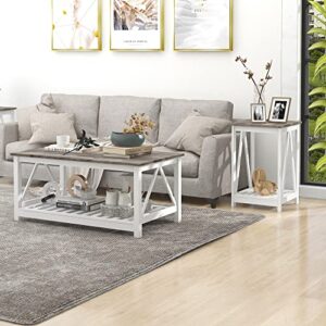 uyihome farmhouse coffee table and end table set, oak grey wooden living room furniture with slats base, oak grey