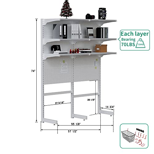 JWX Standing Shelf Unit, White Home Office Garage cabinets with Metal Pegboard and 15 Pieces Organizer Tool Holders