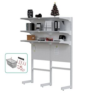 jwx standing shelf unit, white home office garage cabinets with metal pegboard and 15 pieces organizer tool holders