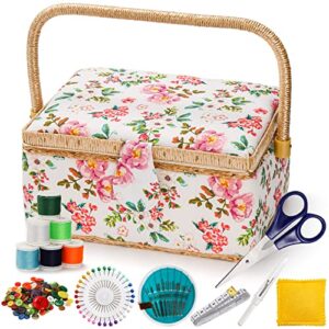 zoofox sewing basket with accessories, wooden sewing kit storage box with removable tray, vintage sewing kits carrying bag for sewing mending, beginner, professional, floral print