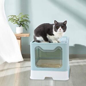 COBETE Cat Litter Box, Foldable Top Entry Covered Cat Litter Box with Lid, Easy Clean No Smell Pet Jumbo Litter Box with Mat and Scoop (Blue)