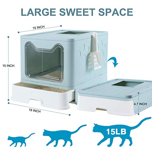 COBETE Cat Litter Box, Foldable Top Entry Covered Cat Litter Box with Lid, Easy Clean No Smell Pet Jumbo Litter Box with Mat and Scoop (Blue)
