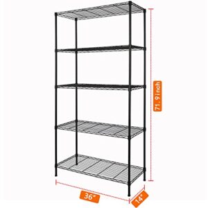 5-Shelf Adjustable Heavy Duty Storage Shelving Unit, Metal Organizer Wire Rack for Laundry Bathroom Kitchen Pantry Closet, Black