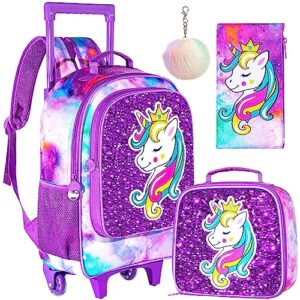 ftjcf 3pcs rolling backpack for girls, kids unicorn roller bookbag with wheels, wheeled school bag set for elementary - purple