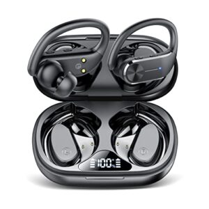 hadbleng wireless earbuds bluetooth 5.3 headphones 48hrs playtime black sports earhooks over ear earphones with led display, ipx7 waterproof built-in mic headset for workout, running, gym