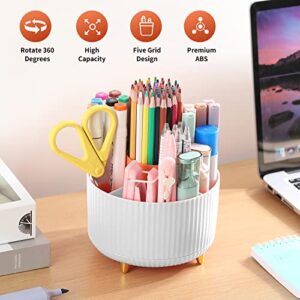 Desk Pencil Pen Holder, 5 Slots 360°Degree Rotating Pencil Pen Organizers for Desk, Desktop Storage Stationery Supplies Organizer, Cute Pencil Cup Pot for Office, School, Home, Art Supply, White