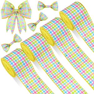 4 roll 40 yard easter spring pastel wired ribbon, gingham ribbon pink blue yellow green plaid wired ribbon for wreaths easter plaid ribbons for home decor diy wrapping crafts decoration (2.5 inch)