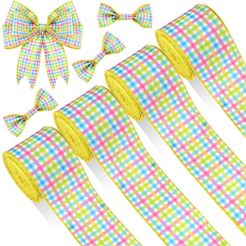 4 Roll 40 Yard Easter Spring Pastel Wired Ribbon, Gingham Ribbon Pink Blue Yellow Green Plaid Wired Ribbon for Wreaths Easter Plaid Ribbons for Home Decor DIY Wrapping Crafts Decoration (2.5 Inch)