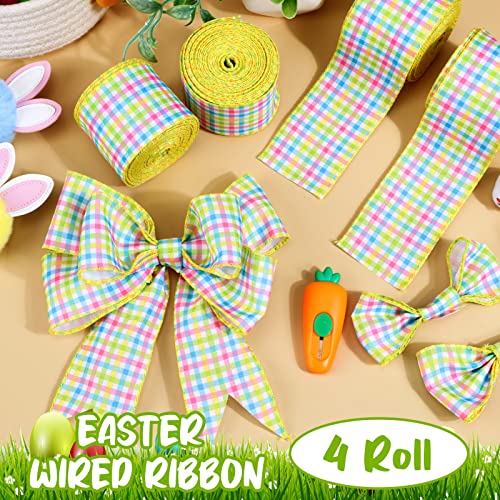 4 Roll 40 Yard Easter Spring Pastel Wired Ribbon, Gingham Ribbon Pink Blue Yellow Green Plaid Wired Ribbon for Wreaths Easter Plaid Ribbons for Home Decor DIY Wrapping Crafts Decoration (2.5 Inch)