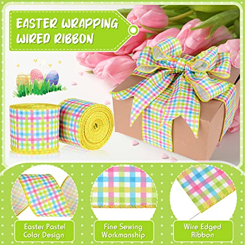 4 Roll 40 Yard Easter Spring Pastel Wired Ribbon, Gingham Ribbon Pink Blue Yellow Green Plaid Wired Ribbon for Wreaths Easter Plaid Ribbons for Home Decor DIY Wrapping Crafts Decoration (2.5 Inch)