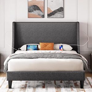 yaheetech queen size upholstered bed frame with 2 usb charging stations/port for type a & type c/linen fabric curved headboard, mattress foundation, strong wooden slats support, dark grey