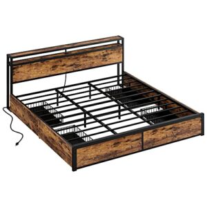 LIKIMIO King Bed Frame with Storage Drawer, 2-Tier Storage Headboard with Charging Station, No Box Spring Needed, Easy Assembly, Vintage Brown